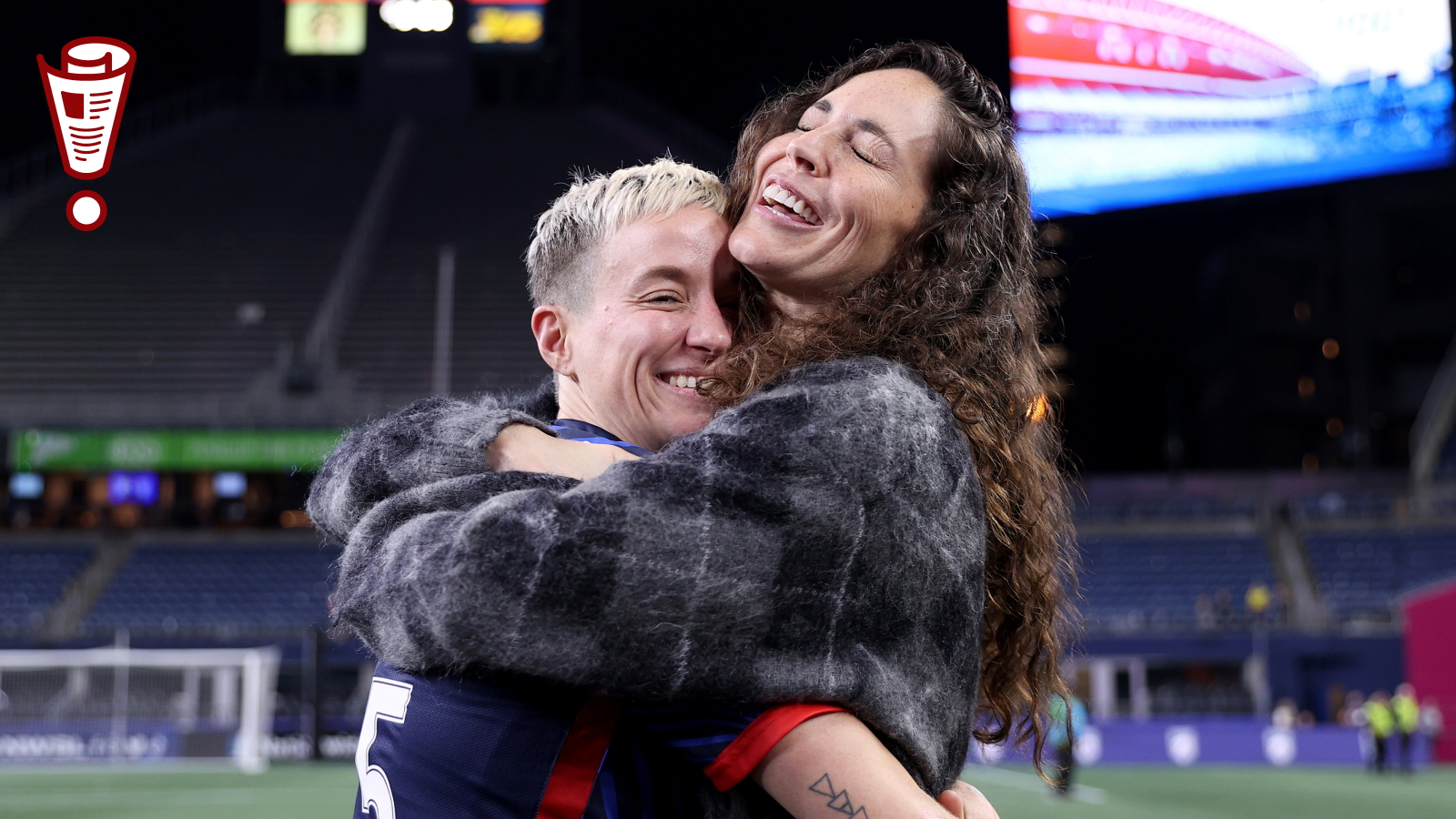 Megan Rapinoe hugs her partner Sue Bird after her last home regular-season NWSL match at Lumen Field on October 06, 2023 in Seattle, Washington