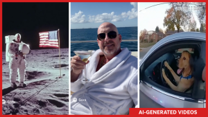 Screenshots of AI-generated videos show the moon landing, NPR reporter Geoff Brumfiel on a boat and a dog driving a car.