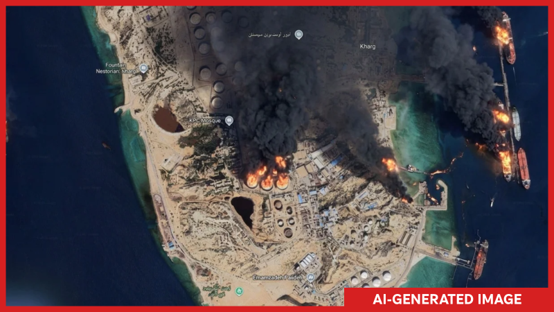 An AI-generated image showing multiple fires on and near Kharg Island, Iran located in the Persian Gulf.