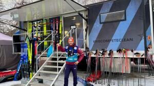 U.S. cross-country ski team coach Matt Whitcomb with Yolanda the wax truck and some of the 600 pairs of skis it holds at a World Cup race in Goms, Switzerland Jan. 23, 2026