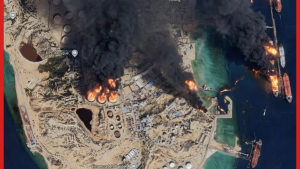 An AI-generated image showing multiple fires on and near Kharg Island, an Iranian island in the Persian Gulf.