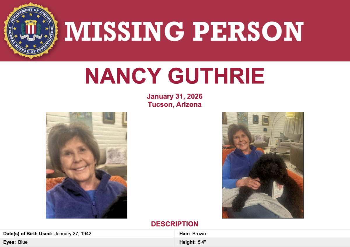 An FBI poster seeking information about the whereabouts of Nancy Guthrie, the mother of Today show co-host Savannah Guthrie. The FBI is offering a $50,000 reward in the case.