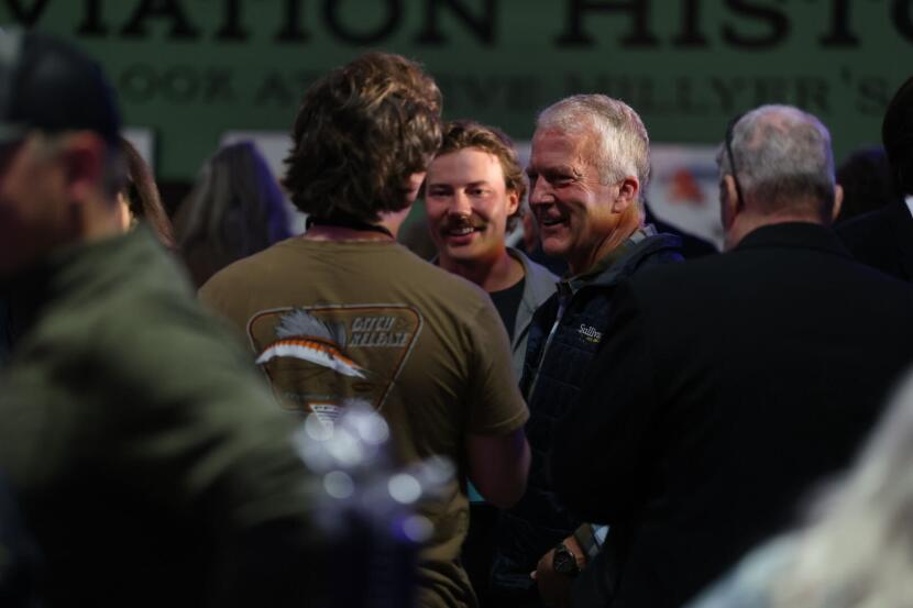 U.S. Sen. Dan Sullivan arrived at his election watch party at the Alaska Aviation Museum in Anchorage the evening of Tuesday, Aug. 18, 2026.