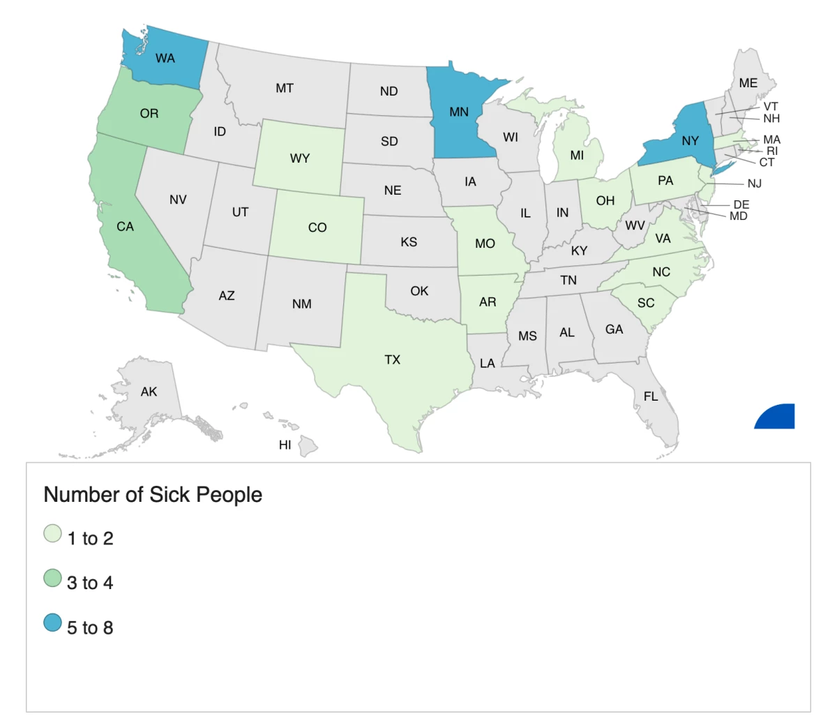This map shows the locations of the 39 individuals reported sick by the current E. coli outbreak. The CDC said the true number of infected individuals is likely much higher.