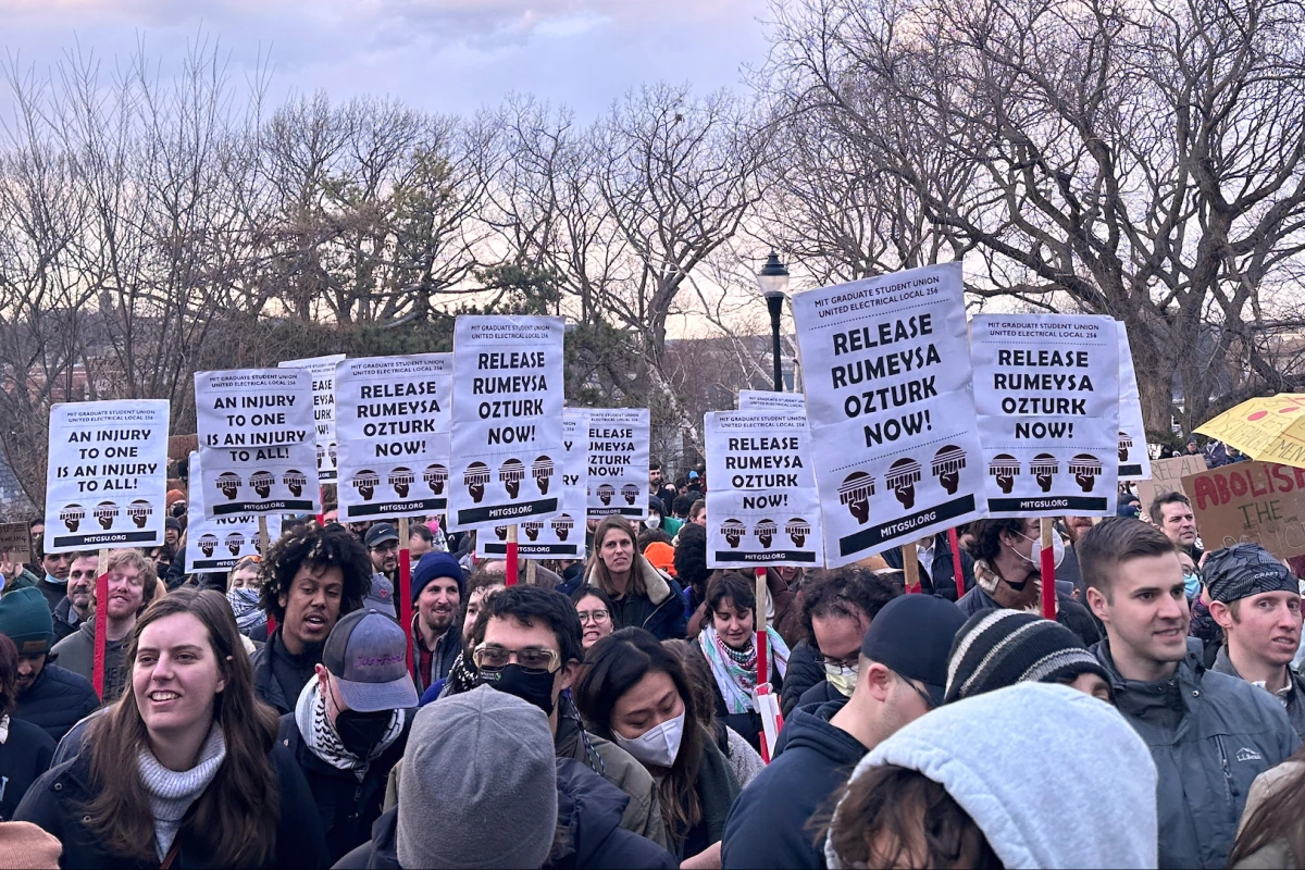 Hundreds of people gather in Somerville, Mass., on March 26, 2025, to demand the release of Rumeysa Ozturk, a Turkish student at Tufts University, who was arrested by federal agents Tuesday night.