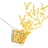 French fries flying out of falling stainless steel fryer basket isolated on white background.