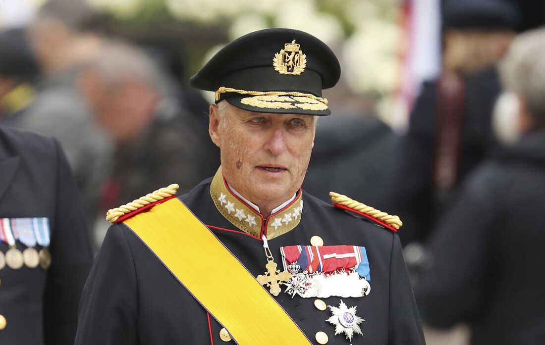 King Harald V of Norway and his wife Sonja leave the Notre Dame cathedral after attending at the funeral of the Grand Duke Jean of Luxembourg, in Luxembourg, on May 4, 2019.