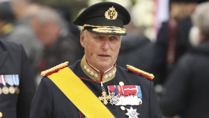 King Harald V of Norway and his wife Sonja leave the Notre Dame cathedral after attending at the funeral of the Grand Duke Jean of Luxembourg, in Luxembourg, on May 4, 2019.