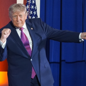 President Trump gestures after speaking at Mount Rushmore National Memorial, Friday, July 3, 2026, near Keystone, S.D.