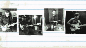 Black and white photos of Starflyer 59 members (from left to right) on notebook paper: Jason Martin, Steve Dail, Charlie Martin and Rob Withem. 
