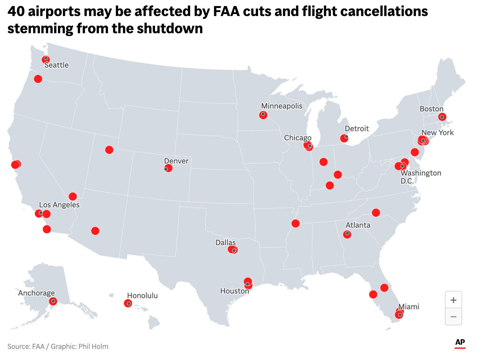 The map above shows the 40 airports that may be affected by the FAA cuts and flight cancellations caused by the ongoing government shutdown.