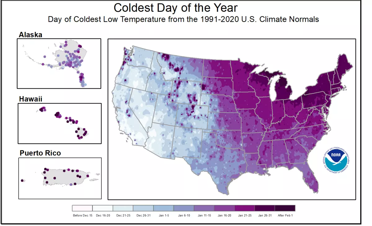 Map showing the typical coldest day of the year.