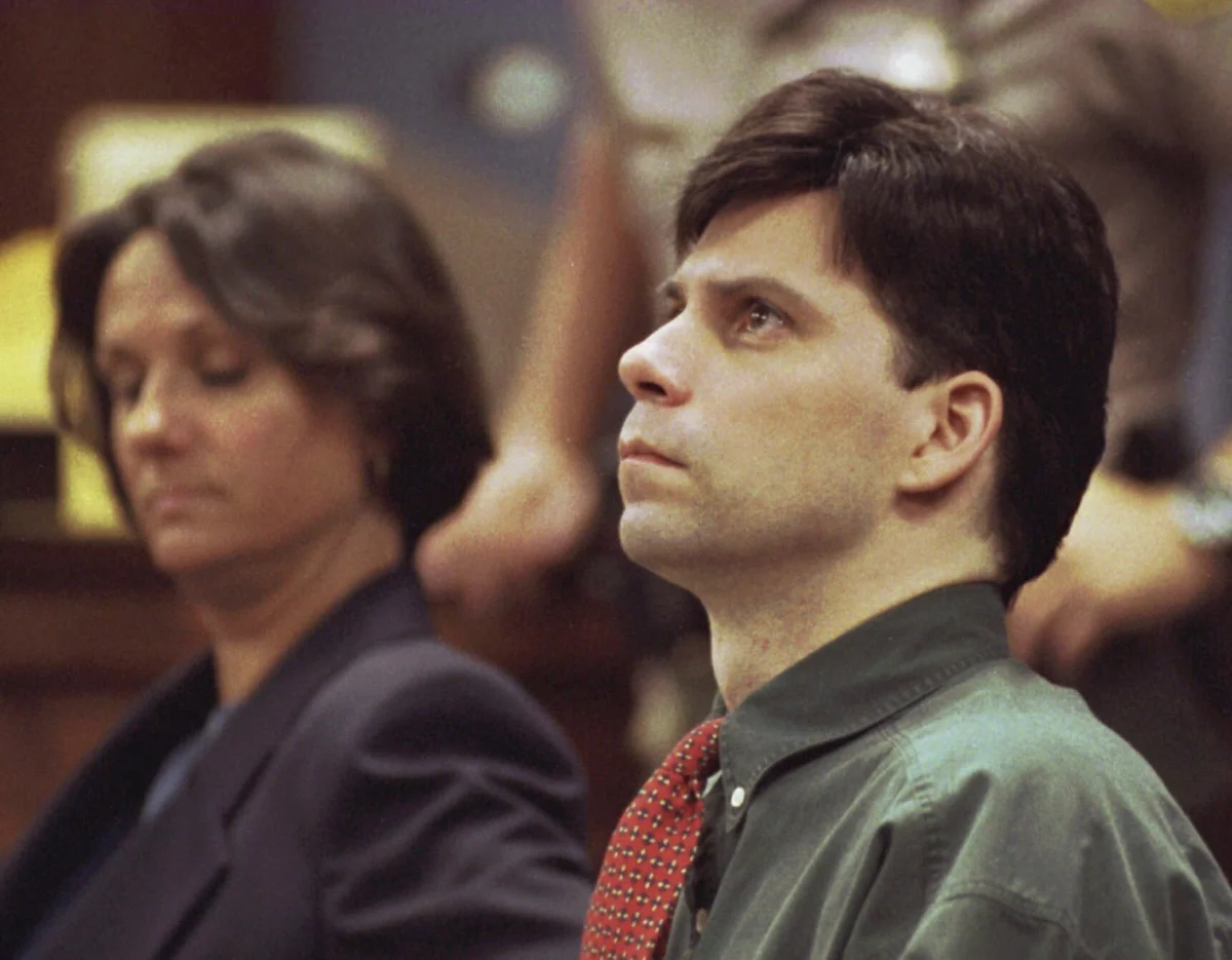 Lyle Menendez looks up during testimony in his and brother Erik's 1995 retrial for the shotgun slayings of their parents in Los Angeles.