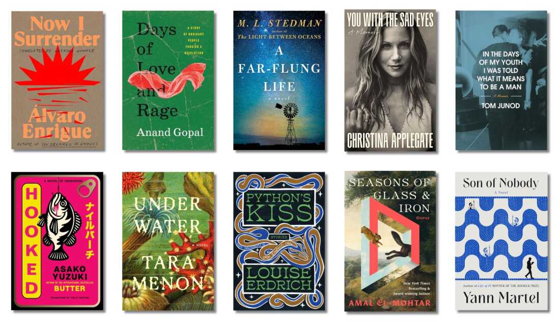 Book covers of: Now I Surrender, by Alvaro Enrigue, translated from the Spanish by Natasha Wimmer; Days of Love and Rage, by Anand Gopal; A Far-flung Life, by M.L. Stedman; You with the Sad Eyes: A Memoir, by Christina Applegate; In the Days of My Youth I Was Told What It Means to Be a Man, by Tom Junod; Hooked: A Novel of Obsession, by Asako Yuzuki, translated from the Japanese by Polly Barton; Under Water, by Tara Menon; Python’s Kiss: Stories, by Louise Erdrich; Seasons of Glass and Iron: Stories, by Amal El-Mohtar; Son of Nobody, by Yann Martel