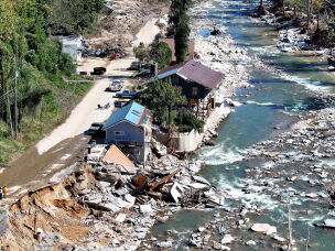 Flood damage from Hurricane Helene on October 8, 2024 in Bat Cave, N.C. Crews are still cleaning up rivers in the area two years later.