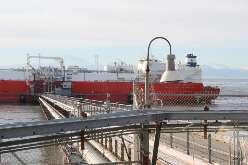 A tanker takes on a shipment at the Kenai LNG plant in October 2015.