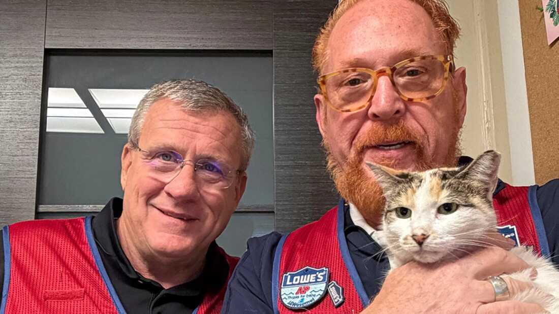 Mike Sida (left) and Wayne Schneider, a manager and associate at the West Broad Street Lowe's in Richmond, Va., pose with Francine the cat. Francine, who went missing on Sept. 18, was found Monday morning at a distribution center in Garysburg, N.C.