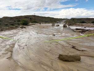 A flooded road east of Northern Edge Navajo Casino on N36 in Shiprock, New Mexico.