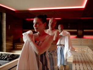 Sauna scientists Ashley Mason , Earric Lee and Hans Hegglund, take an early morning sauna session in the Japanese sauna at The Well. Mason, a sleep researcher and clinical psychologist at the University of California, San Francisco, is studying the effect of heat therapy on loneliness, depression and sleep.