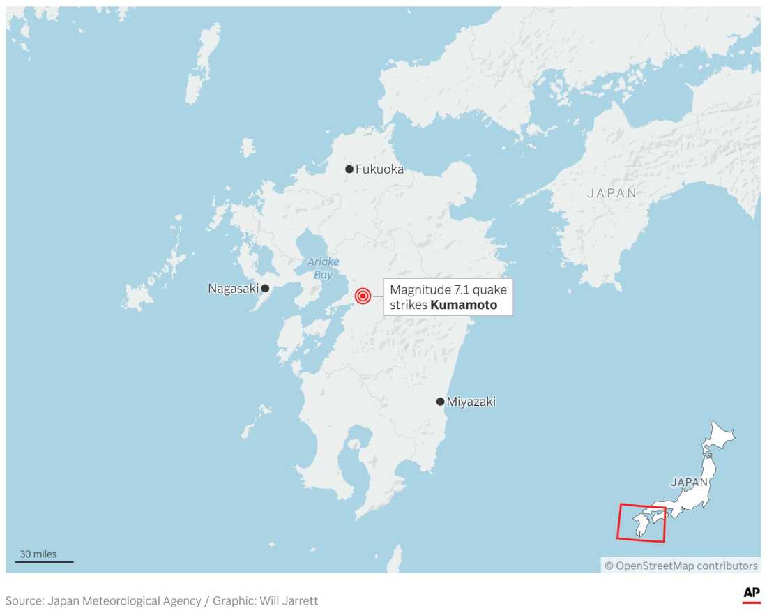A map showing the location of an earthquake in southern Japan. (AP Digital Embed)