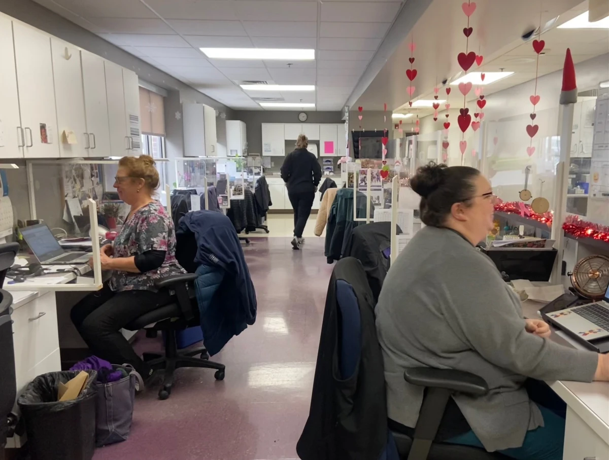 Medical assistants Emily Osgood (left) and Stephanie Fugler (right) work in the Greenfield, Mass., location of Valley Medical Group on January 27, 2026.