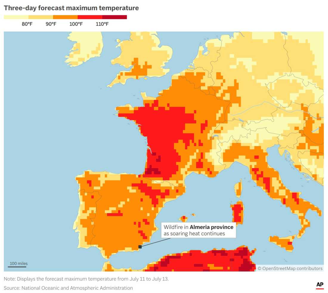 A map of Europe shows southern Spain's Almeria province, where a wildfire has struck amid high temperatures across the continent.