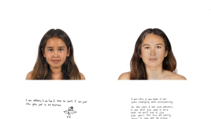 A diptych showing a “Hapa Project” participant’s answers to the question, “What are you?” On the left, the participant is shown in 2001, and then again in 2025 on the right.