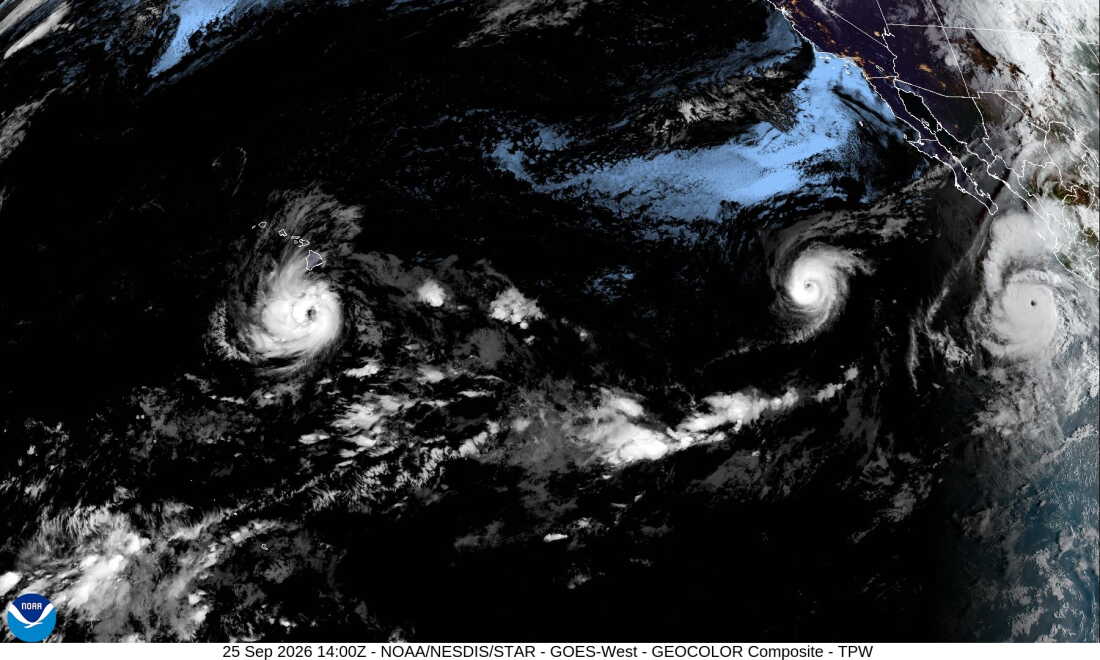Three hurricanes are spinning in the Pacific Ocean, as seen in this satellite image from Friday morning. In the west, Nolo is bringing rain to Hawaii while to the east, Hurricane Odalys grows over open water. Further east, the powerful Hurricane Polo is threatening Baja California Sur.