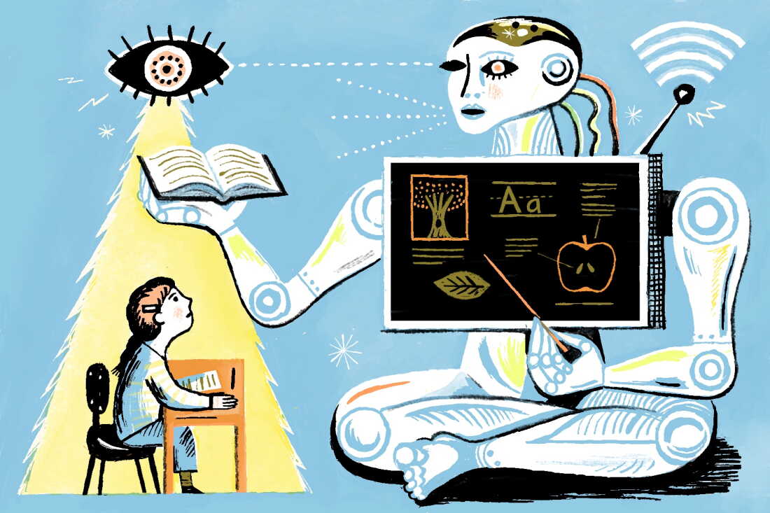 The left side of this illustration shows a girl sitting at a student desk. On the right side, a large humanoid robot is using a pointer to point out material on a display screen that includes a tree, an apple, a leaf and a capital "A" with a lowercase "a" next to it.
