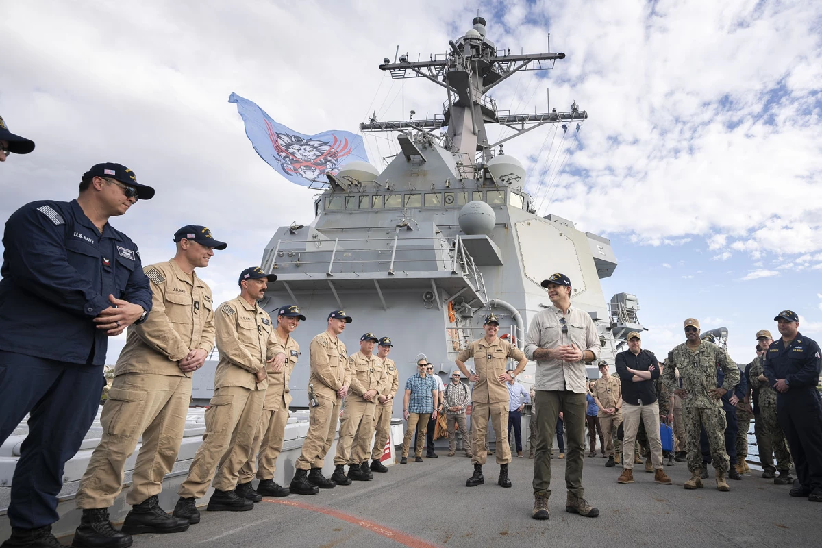 Secretary of Defense Pete Hegseth meets with Sailors assigned to Arleigh Burke-class guided-missile destroyer USS Hudner (DDG 116) during his visit to Naval Station Guantanamo Bay, Cuba, Feb. 25, 2025.