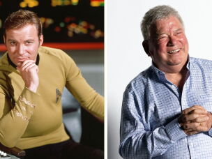 William Shatner as Captain James T. Kirk in <em>Star Trek </em>and, right, in California in 2023.