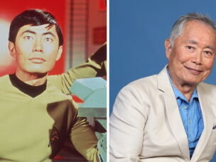 George Takei, left, as Sulu in <em>Star Trek</em>, and attending Comic-Con International in July 2019.