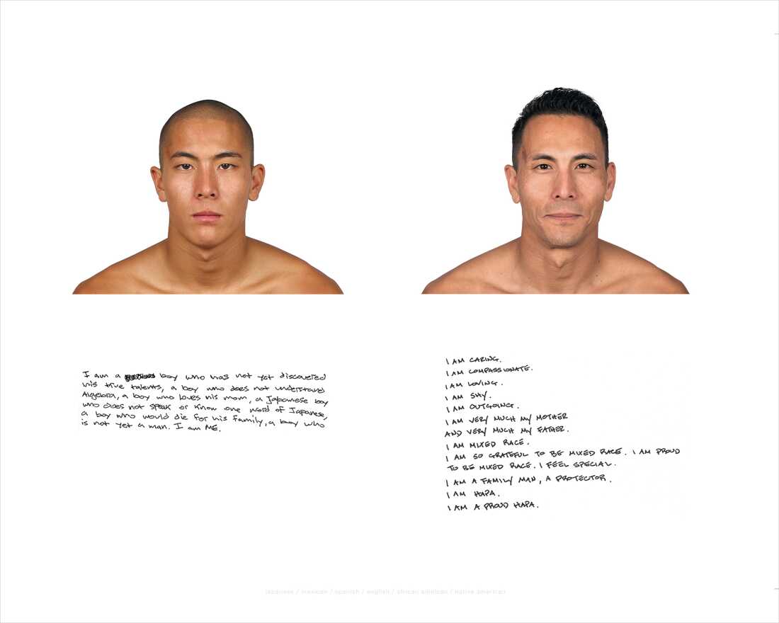 A diptych showing a “Hapa Project” participant’s answers to the question, “What are you?” On the left, the participant is shown in 2001, and then again in 2025 on the right.