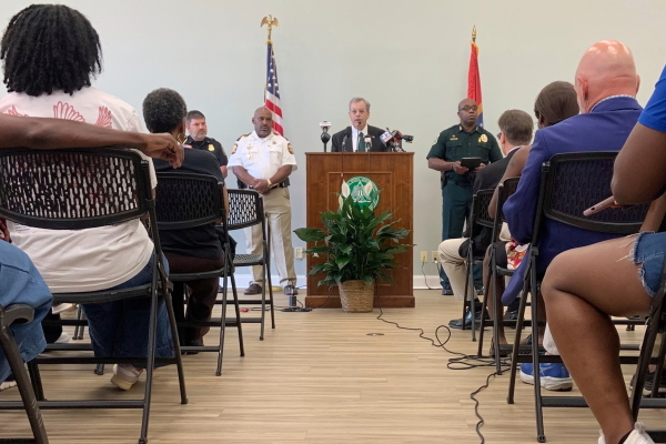 Delta State University President Dan Ennis speaks during a press conference on Wednesday, Sept. 17, 2025 in Cleveland, Miss.