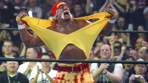 In this April 3, 2005, file photo, Hulk Hogan fires up the crowd between matches during WrestleMania 21 in Los Angeles.