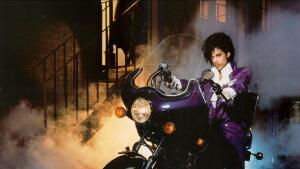 Prince on the custom motorcycle featured in Purple Rain.