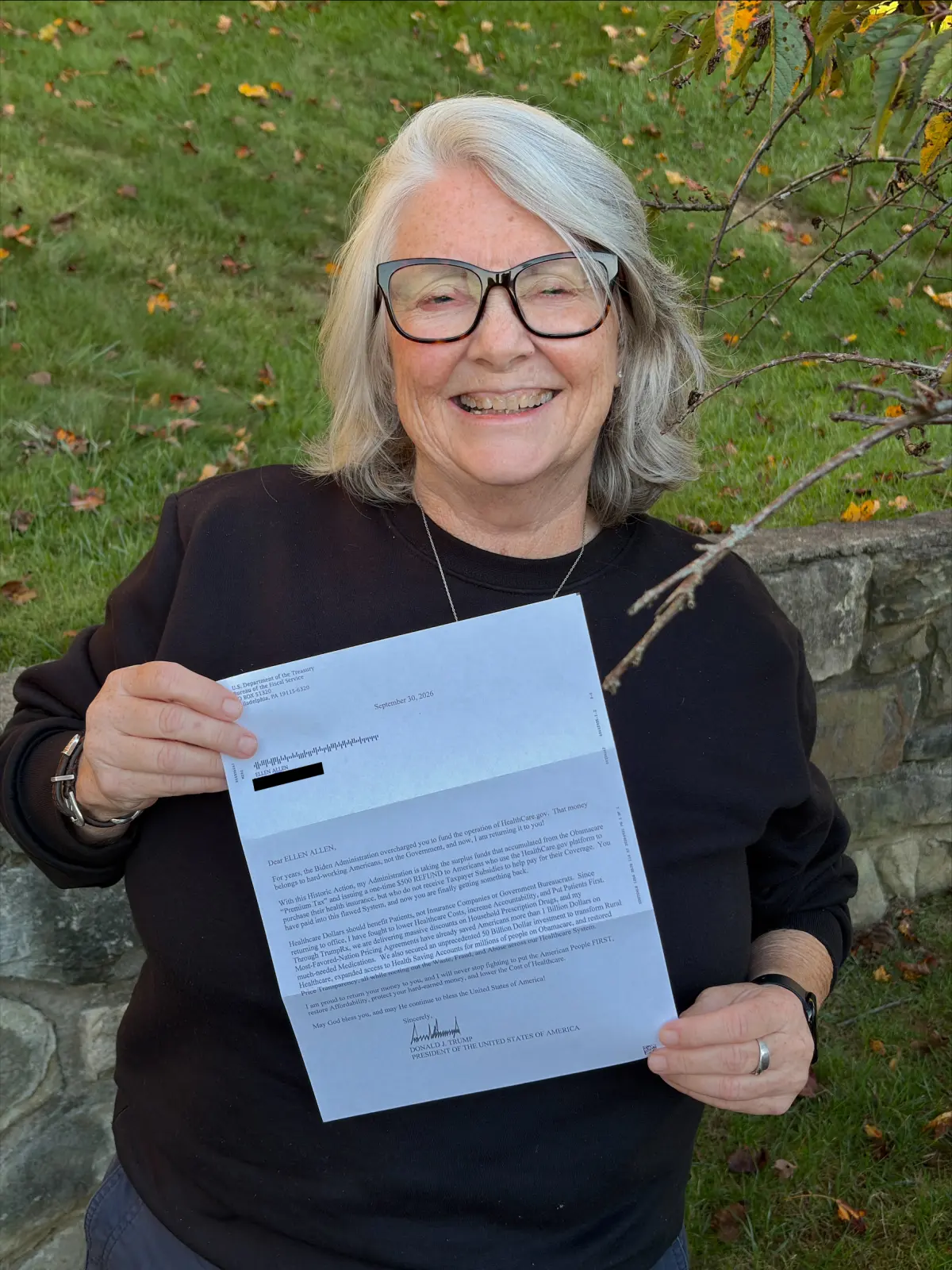 Redacted Check She got Trump's $500 check for health insurance. To her, it's a ...