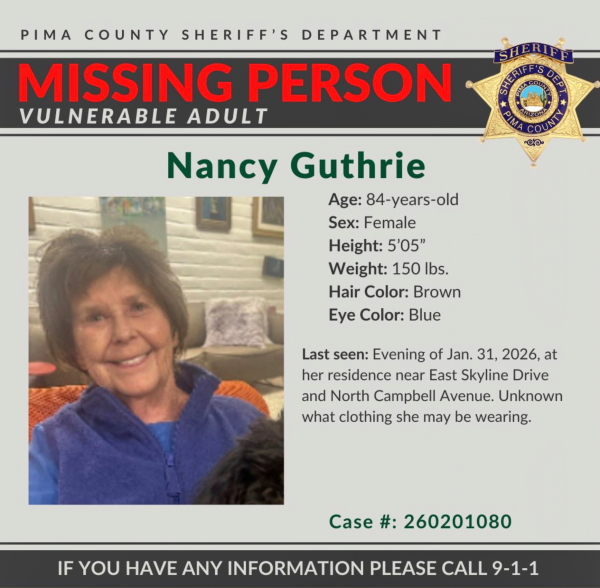 This image shows a missing-person alert for Nancy Guthrie. On the left is a photo of Guthrie, and on the right is a list of physical details about her, such as height and eye color.