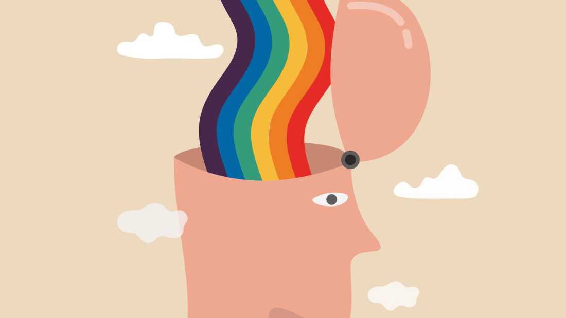 Man with open head and happy rainbow wave from inside his brain around with cloud.
