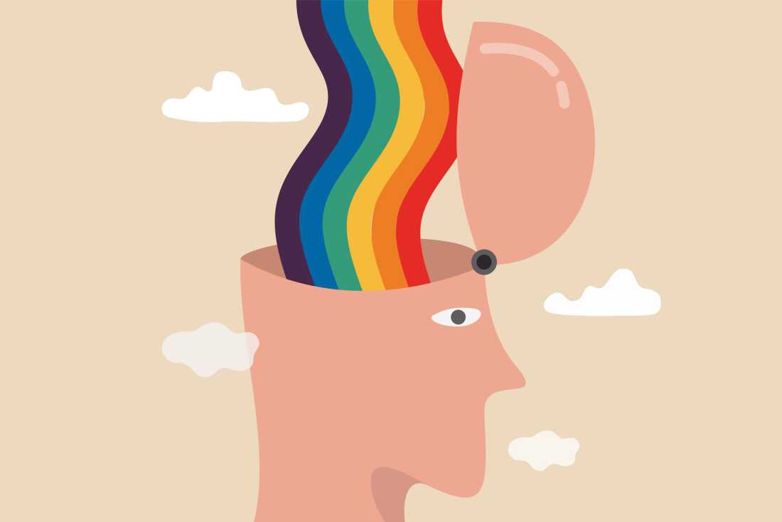 Man with open head and happy rainbow wave from inside his brain around with cloud.
