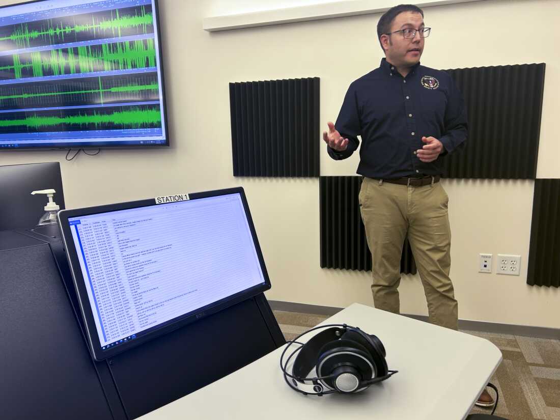 Chris Babcock, an engineer at the National Transportation Safety Board, in one of the audition rooms at the agency's headquarters in Washington, D.C.