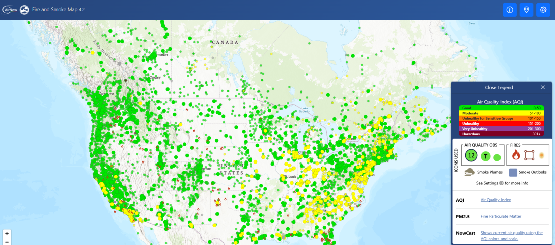 Wildfire and smoke maps like this one on the federal government's fire.airnow.gov were developed in part from research funded by the U.S. Forest Service