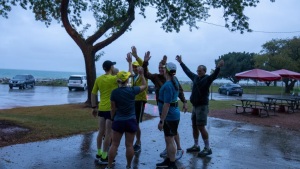 The Milwaukee Running Group — OMG meets up on a rainy morning in Milwaukee recently.