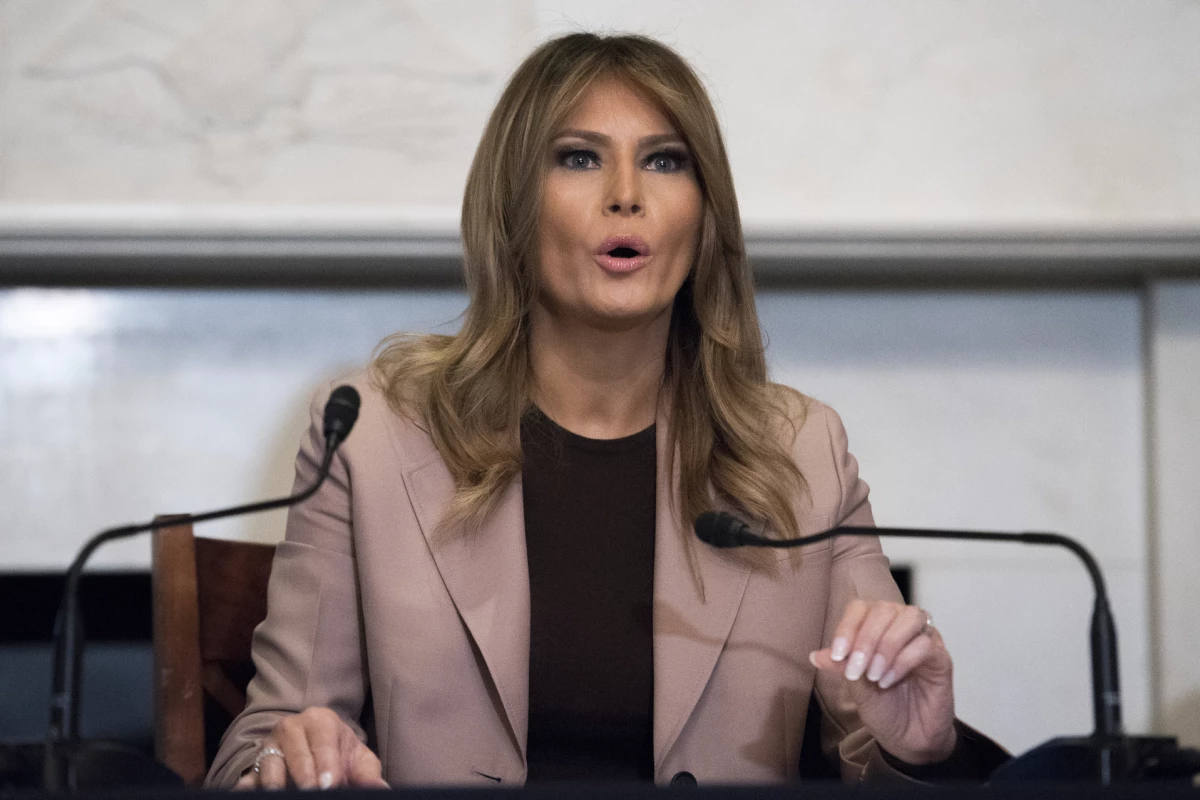 In this Wednesday, Oct. 23, 2019, file photo first lady Melania Trump participates in a roundtable discussion on the opioid crisis, on Capitol Hill in Washington.