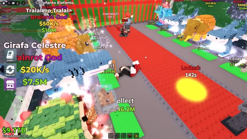 This image is a screenshot from the Steal a Brainrot game on Roblox. It shows colorful animations of animal-like characters, such as ones resembling an elephant or a shark.