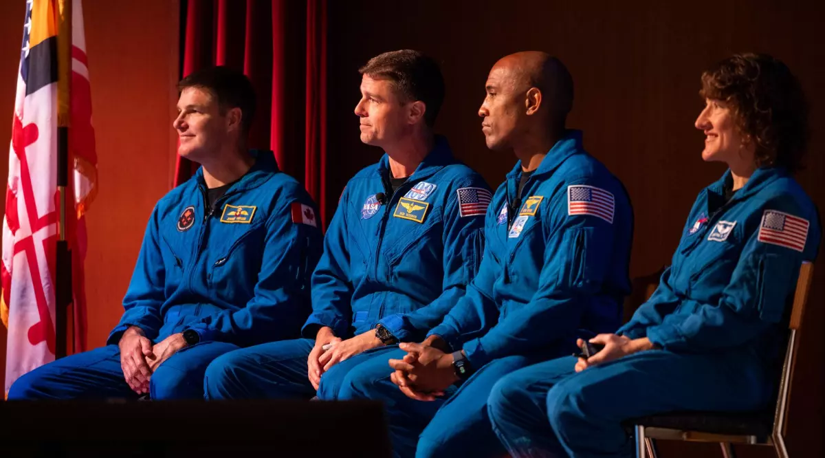 CSA (Canadian Space Agency) astronaut Jeremy Hansen, left, and NASA astronauts Reid Wiseman, Victor Glover, and Christina Hammock Koch, in 2023 at NASA's Goddard Space Flight Center. Their mission to go around the moon has been delayed until at least April, 2026.
