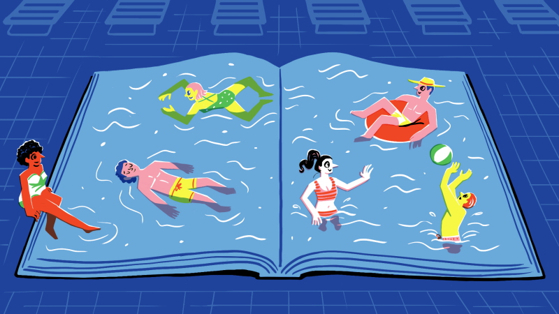 A colorful illustration of five people relaxing and recreating in a pool that is shaped like a book.