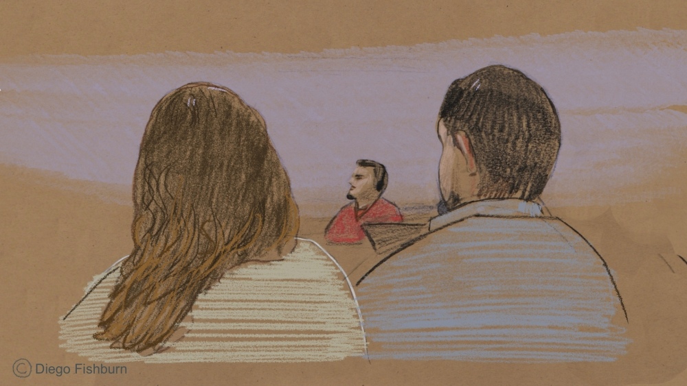 This courtroom sketch depicts Kilmar Abrego Garcia (center) in court during his detention hearing on June 25 in Nashville, Tenn. (AP)