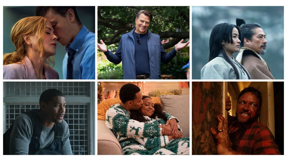 Clockwise from top left: Nicole Kidman and Harris Dickinson in <em>Babygirl </em>(A24); Ted McGinley in <em>Shrinking</em> (Apple TV+); Anna Sawai and Hiroyuki Sanada in <em>Shogun </em>(FX); James McAvoy in <em>Speak No Evil (</em>Susie Allnutt/Universal Studios); Tyler James Williams and Quinta Brunson in <em>Abbott Elementary </em>(Gilles Mingasson/Disney); Aaron Pierre in <em>Rebel Ridge</em> (Allyson Rigg/Netflix).