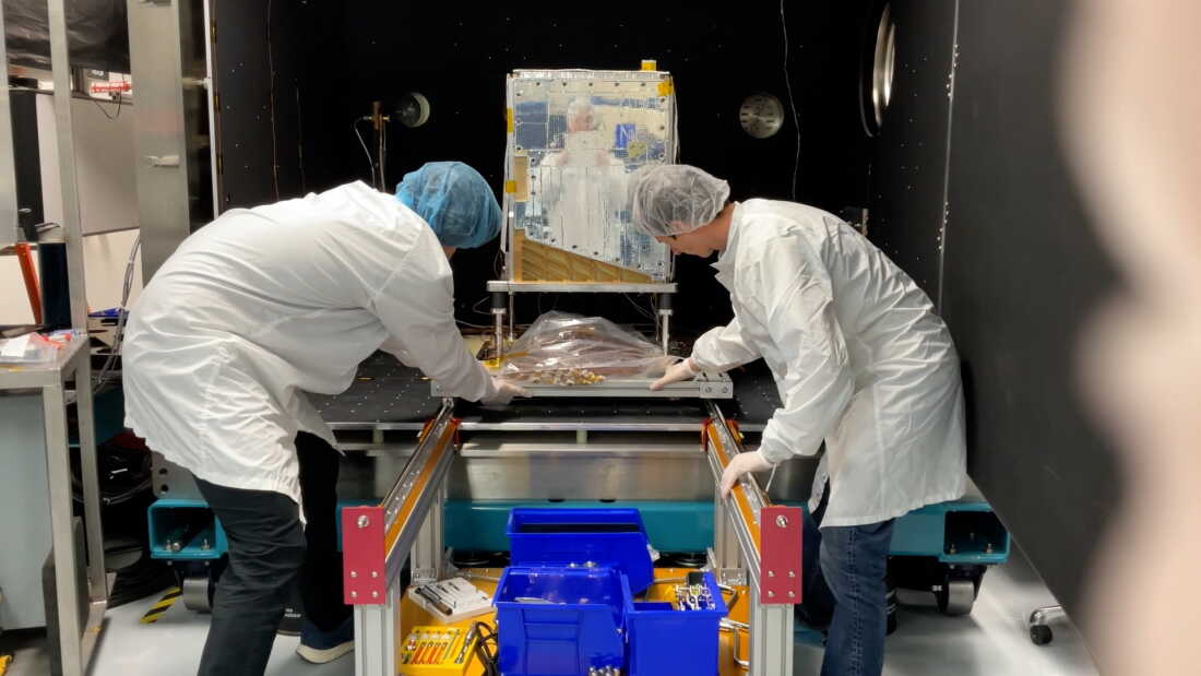 The prototype satellite was tested in a thermal vacuum chamber that simulates both the thermal and vacuum environment in space.